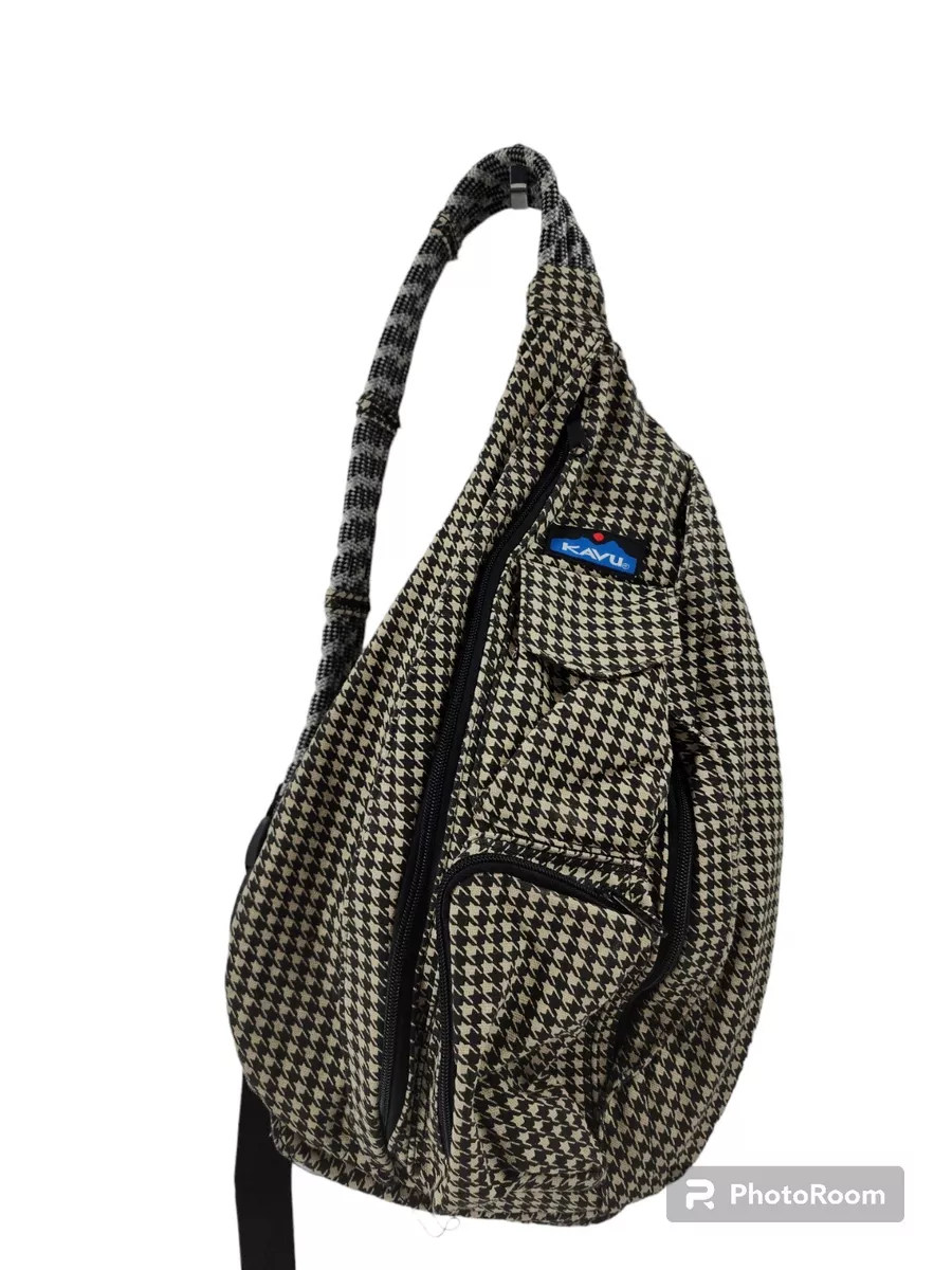 KAVU Rope Sling Bag Shoulder Hiking Backpack Houndstooth Full Size Black Beige