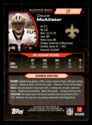2006 Bowman #9 Deuce McAllister New Orleans Saints - Picture 2 of 2