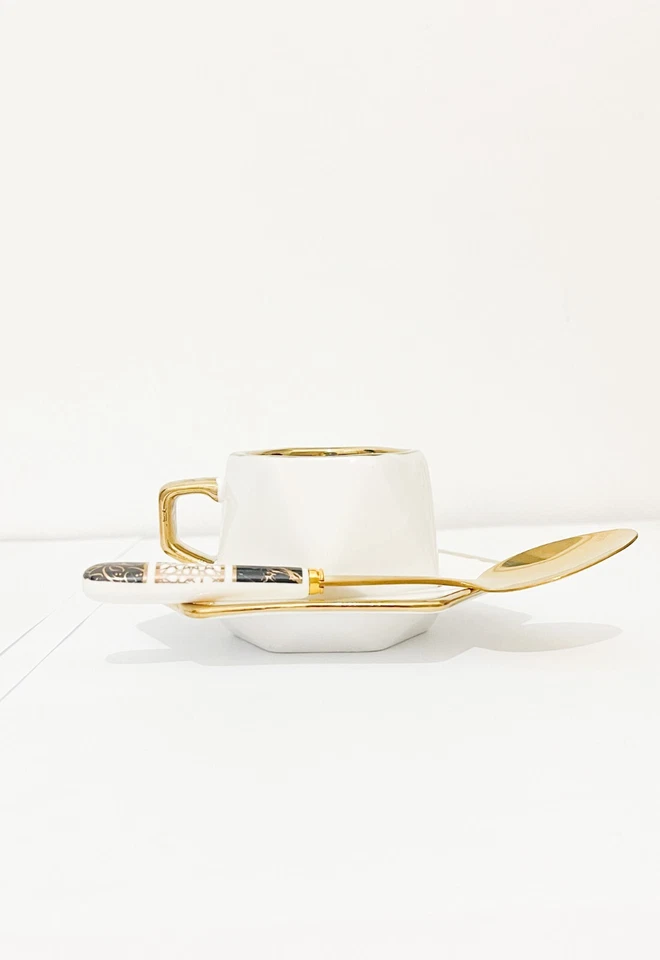 9 tazas y platillos de café y cucharadita de porcelana de oro blanco árabe turco griego Foto 2 de 4
