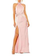 Ieena Mac Duggal Shell Pink Side Ruched Satin Halter Open Back Gown Size 6 $398