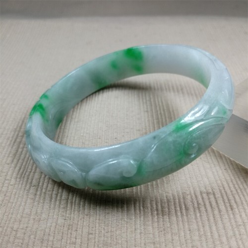 58.6mm Myanmar Natural Icy Green Jadeite Bracelet Ancient Carved Jade Bracelet - Picture 4 of 13