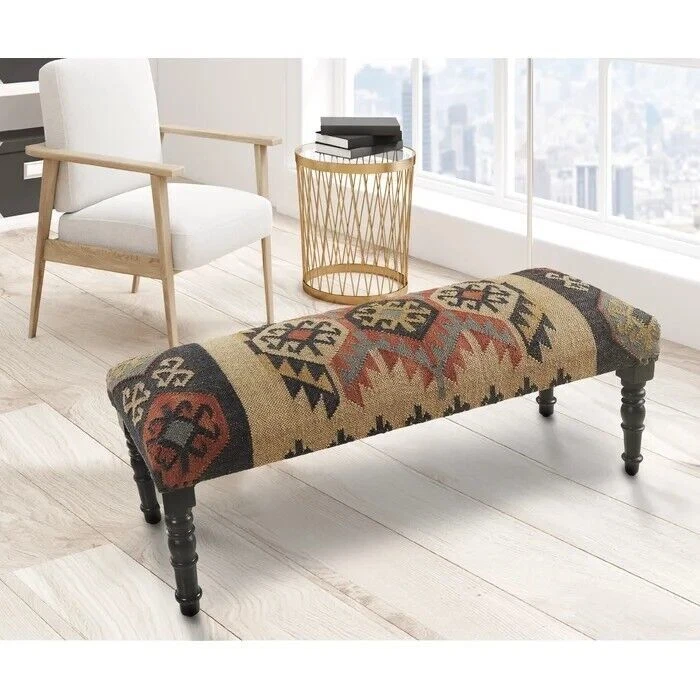 Kilim Bench Wool Jute Ethnic in Multi Colour Blaine Ottoman Rustic