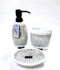 3 PC SET WHITE,BLACK RESIN,MIRROR MOSAIC,SOAP DISPENSER,TOOTHBRUSH HOLDER,DISH