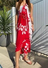 Hawaiian Pareo Sarong Red White Plumeria Hawaiian Luau Cruise Beach Pool Dress
