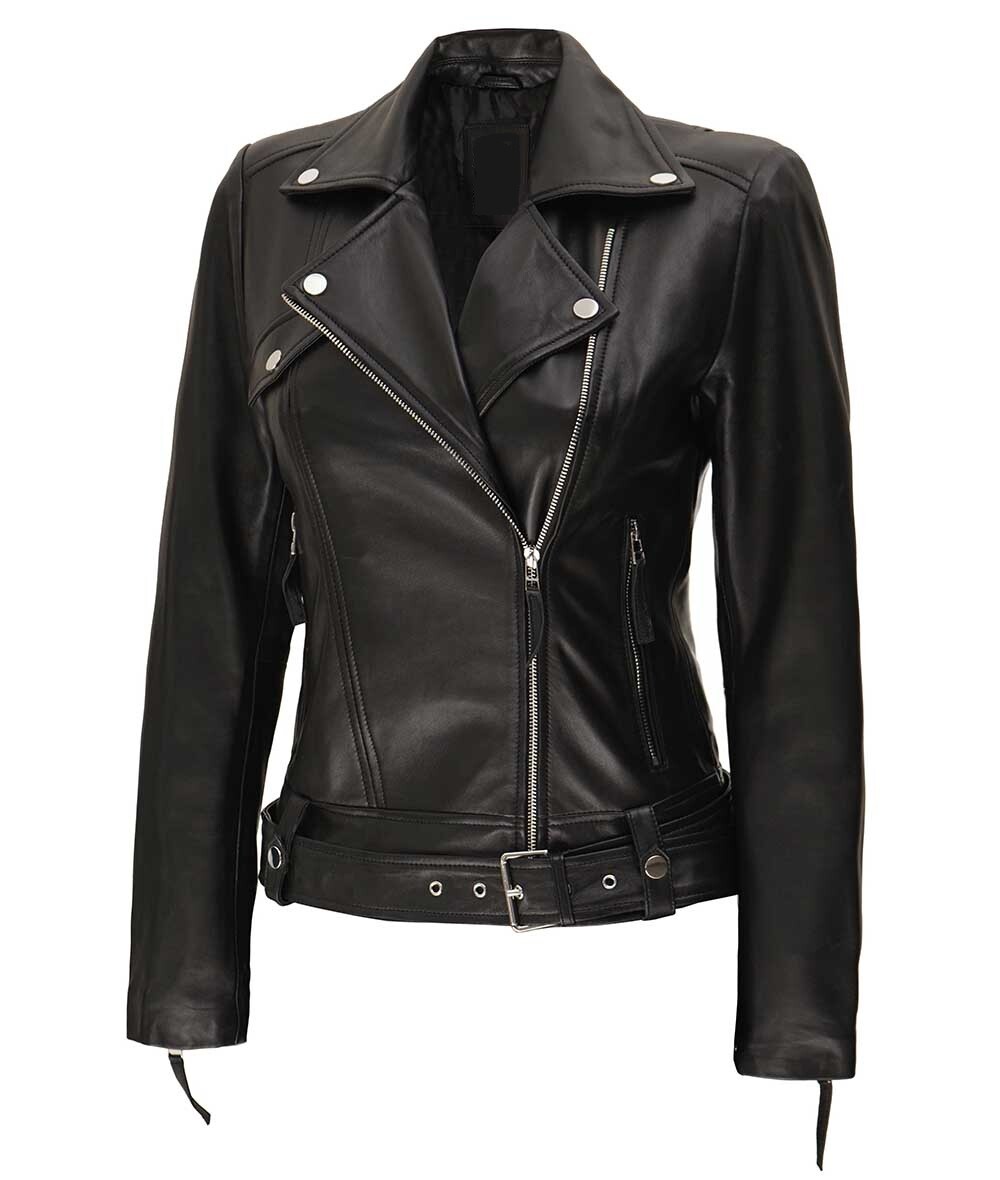 Women's Real Lambskin Leather Black Moto Biker Jacket Classic Cafe