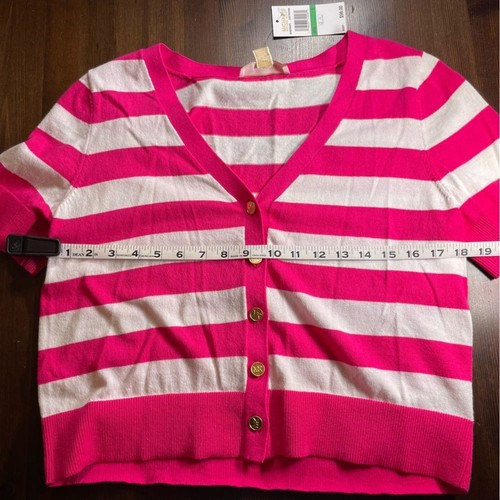 Michael Kors Cropped Cardigan Pink/White Stripes Gold Buttons Women’s Sz L NWT - Picture 8 of 9