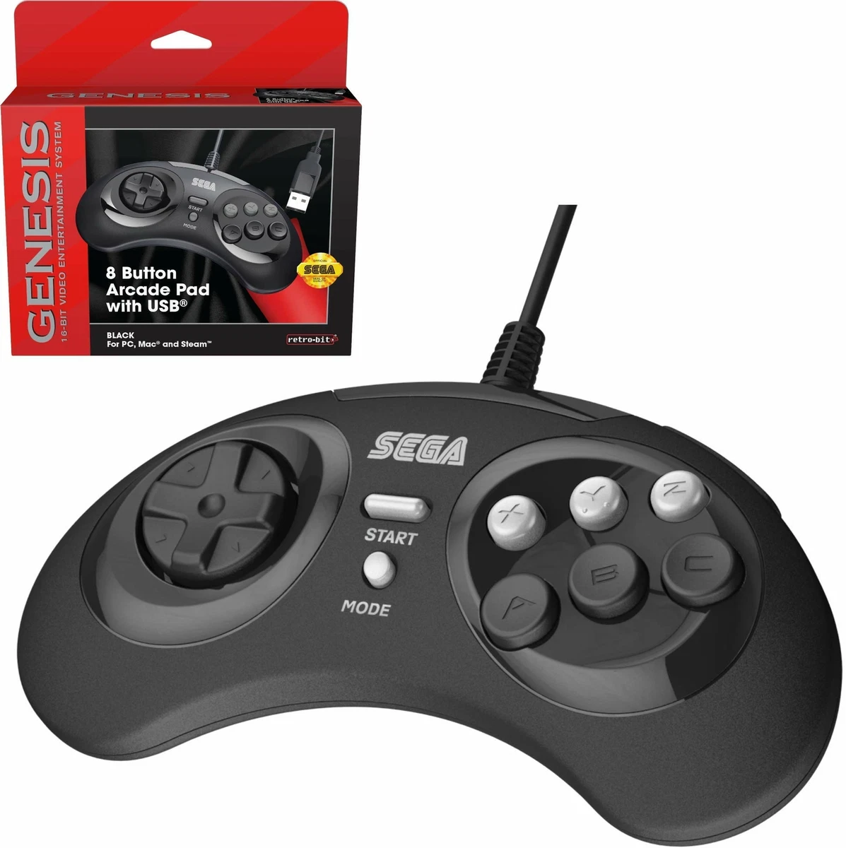 Retro Bit Official Sega Genesis 8 Button Arcade Pad USB Controller for PC Mac