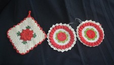 3 Vintage Doily Pot Holders potholders  Crochet Christmas Red Green