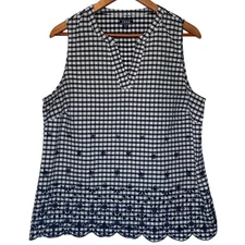 Izod Sleeveless Top Navy White Checked Women's XL Embroidery and Eyelet Design