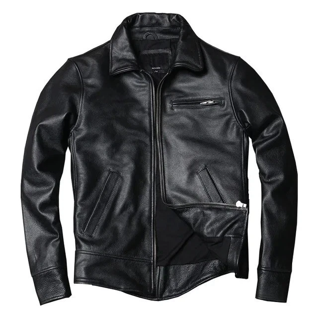 Men's Genuine Black Real Lambskin Leather Jacket Casual Motorcycle Leather Coat