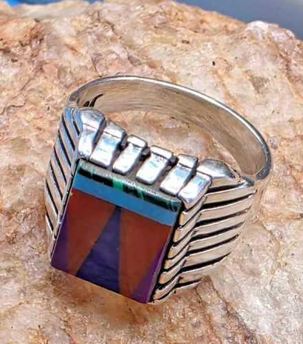 Vintage .925 Silver and Multi stone Men’s Ring by Navajo Artisan Ray Jack