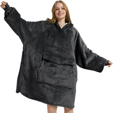 Oversized Sherpa Fleece Wearable Blanket Hoodie with Giant Pocket Dark Gray