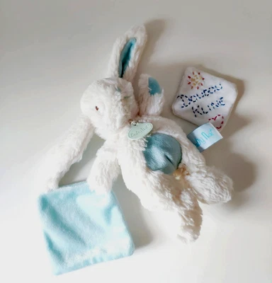 Peluche/Doudou Plat Lapin Pantin Et Mouchoir Blanc Bleu Ciel Câlin 20cm Baby Nat - Photo 1/4