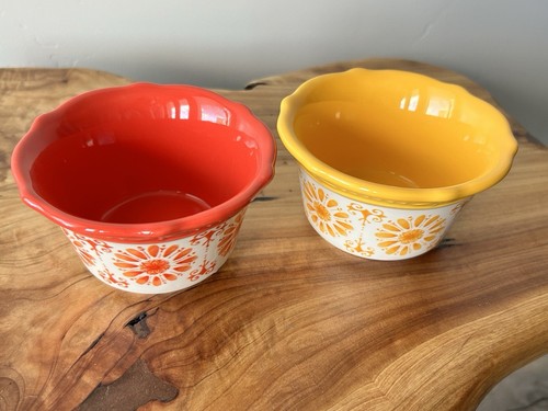 2 Pionierin Steinzeug Dip Dessertschalen Floral Bursts orange-rot und gelb - Bild 1 von 4