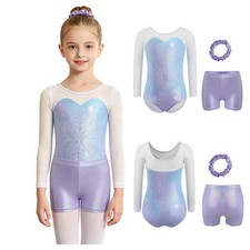 Girls Dance Set Long Sleeve Leotard Matching Shorts Gymnastics Outfit Sparkling