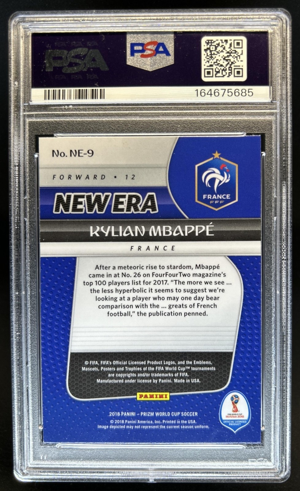 2018 Panini Prizm World Cup Kylian Mbappe New Era Rookie RC #NE-9 France PSA 9 view 2