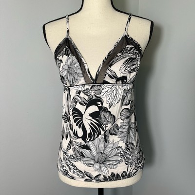 Linea Donatella women's black and white floral print mesh trim v neck camisole