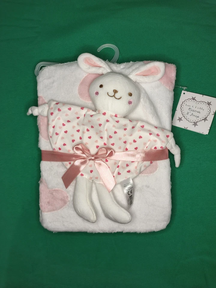 Doudou Plat Arrondi Lapin Blanc Rose Coeurs Jambes Et Plaid Tom Et Kiddy Cadeau - Photo 1/1