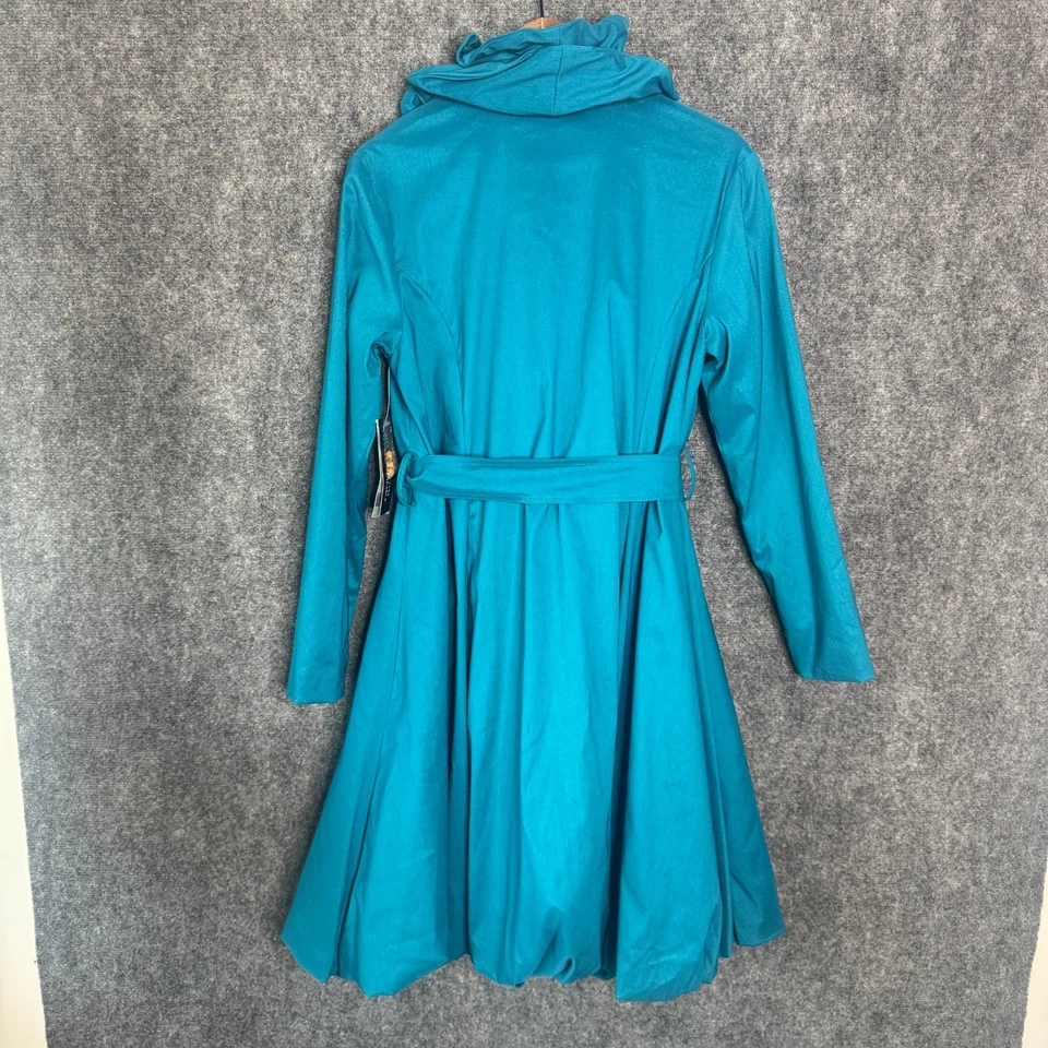 Chaqueta Samuel Dong Mujer Pequeña Azul Cinturón Volantes Cuello Burbuja Dobladillo Largo Medio Foto 2 de 4