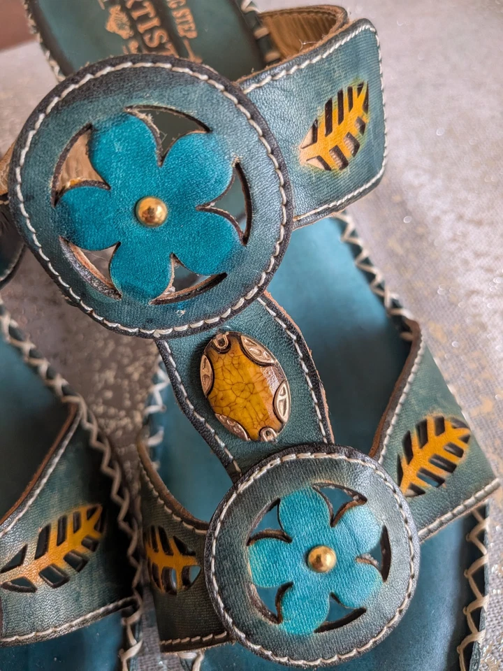 L'Artiste Spring Step TORTUGA Leather Sandals Teal Floral Heels Womens 39 US 8.5 - Image 4 of 4