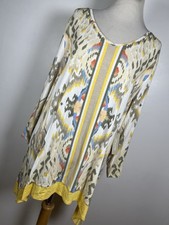 New Chico's 3 Size XL Shirt Top Ikat Border Tunic Yellow Tan 3/4 Sleeve Woman B1