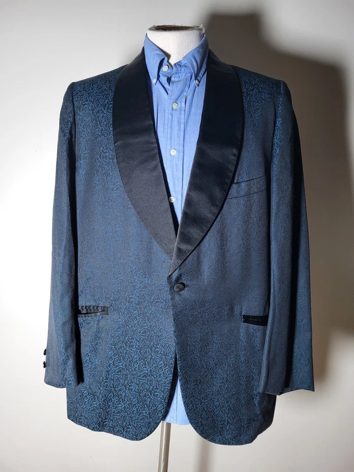 Abrigo Blazer Chaqueta Vintage Años 70 46L Azul Negro Azul Jacquard Mantón Solapa Foto 3 de 4