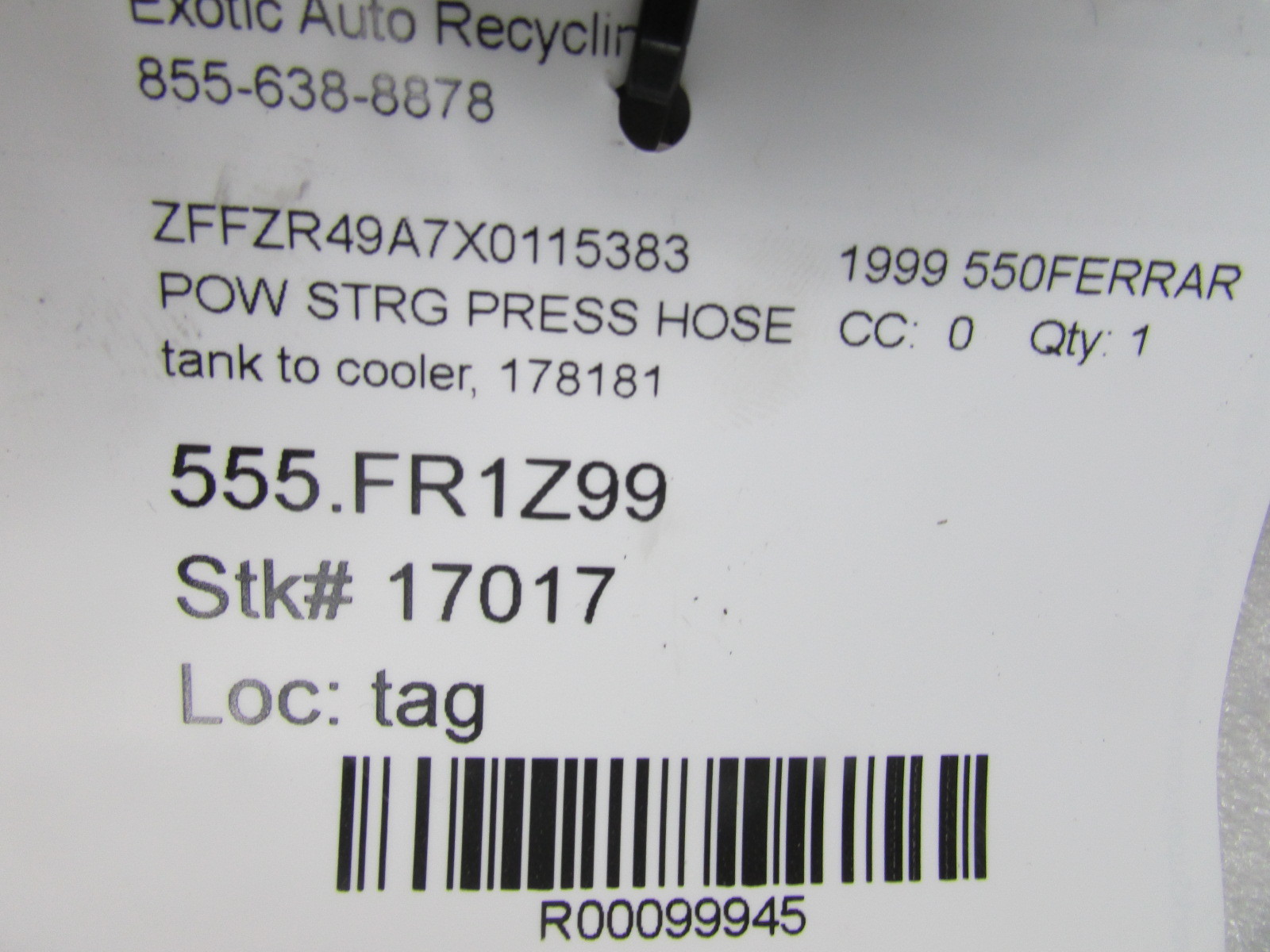 Ferrari 550, Power Steering Cooler to Reservoir Hose, Used, P/N 178181