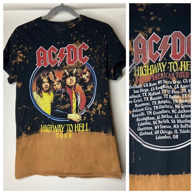 AC/DC Small Distressed Logo Rock Band Short Sleeve Crew Neck Tour Top T ...