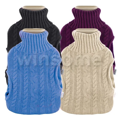 BLACKSPUR Natural Rubber Hot Water Bottle With Knitted Cover Pockets Warm Faux Fur Fleece