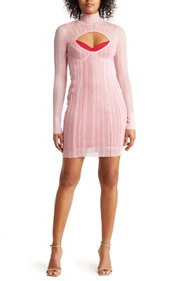 Herve Leger Womens Layered Sheer Ribbed Bandage Party Mini Dress in Peony  Size S