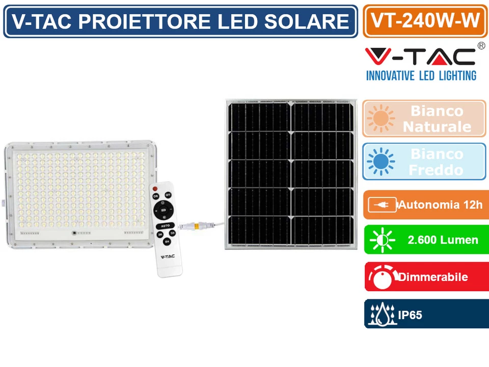 V-TAC VT-240W FARO LED FLOODLIGHT 30W BIANCO PANNELLO SOLARE TELECOMANDO - IP65 - Immagine 2 di 4