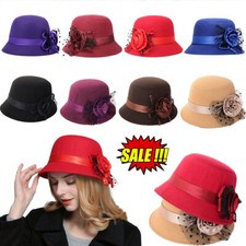 Womens Wool Felt Bucket Caps Elegant Vintage Flower Cloche Church Bowler Hats
