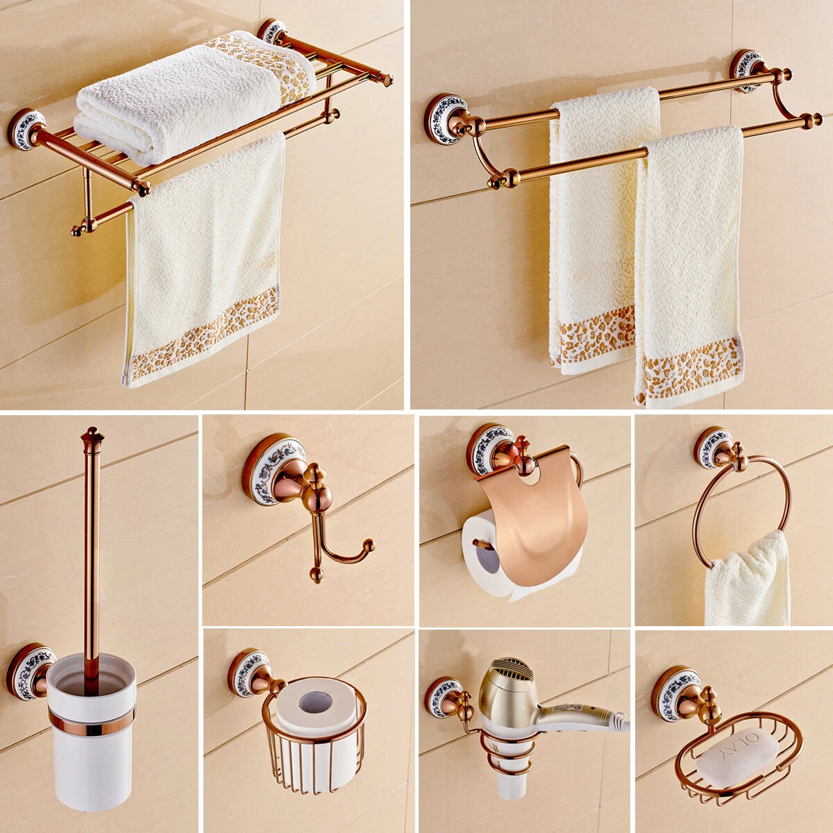 Rose Gold Bathroom Hardware Sets Towel Bar Bathroom Accessories Porcelain  Base