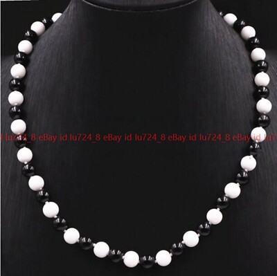 Charming 6/8/10/12mm White Jade Black Agate Gems Round Beads Necklaces 18'' AA