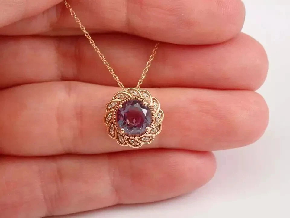 2Ct Round Cut Alexandrite Diamond Halo Pendant 14K Rose Gold Over "18 Free Chain - Image 4 of 4