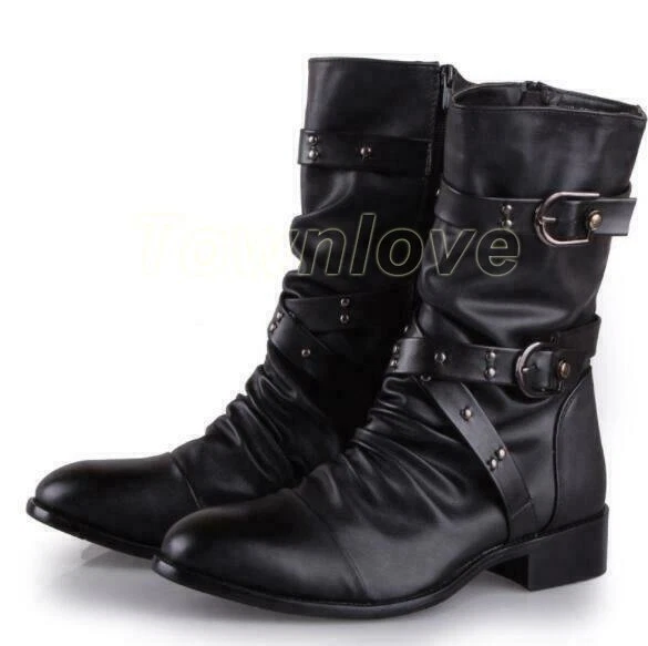 Mens Fashion PU Leather Studs Buckle Straps Fleeced Motorcycle