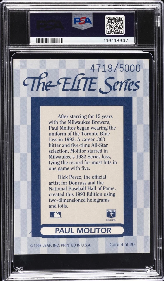 1993 DONRUSS ELITE SUPERS #4 PAUL MOLITOR 4719/5000 PSA 10 - Image 2 of 2