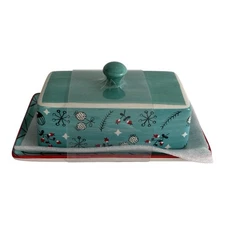 Winter Wonderland Ceramic 7.5in Christmas Blue Butter Dish Holiday Holly