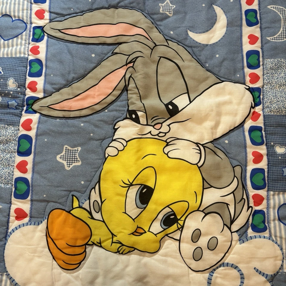 VTG 90s Baby Looney Tunes Crib Blanket Quilt Sleeping Bugs & Tweety Dbl Sided - Image 2 of 4