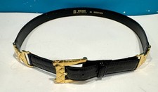 Escada black leather belt features crocodile embossing and gold-tone hardware 44