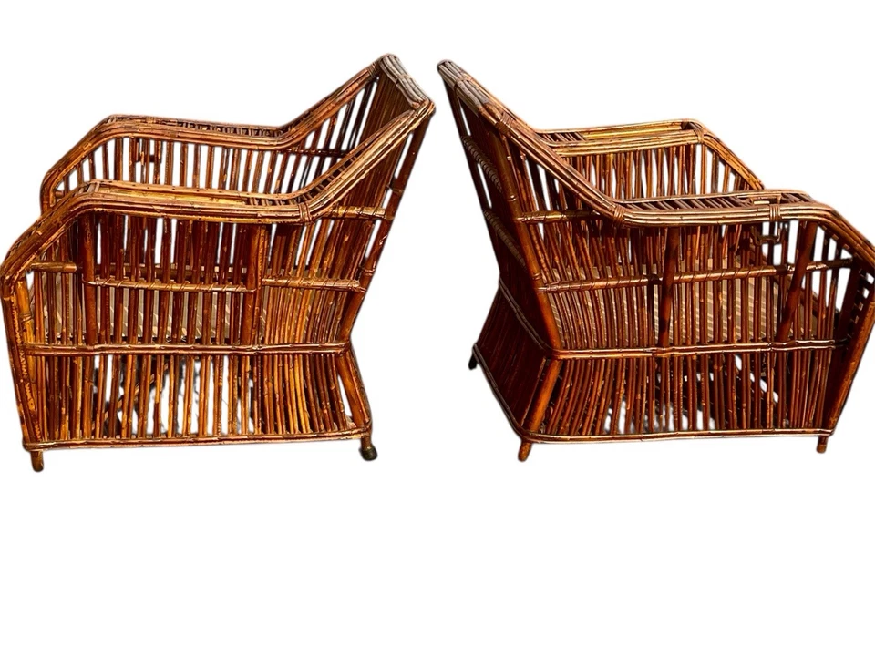 Исключительная пара стульев для отдыха в стиле ар-деко с разделенным карандашом из ротанга - Изображение 3 из 4