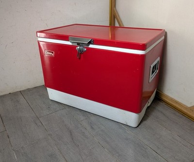 Vintage 1982 Coleman Red Metal Cooler Ice Chest Box Steel Belted