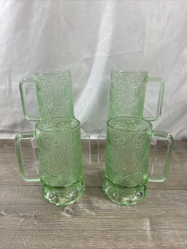 Set 4 Vintage Indiana Glass Tiara Chantilly Green Ponderosa Pine Cone Mugs 16 oz