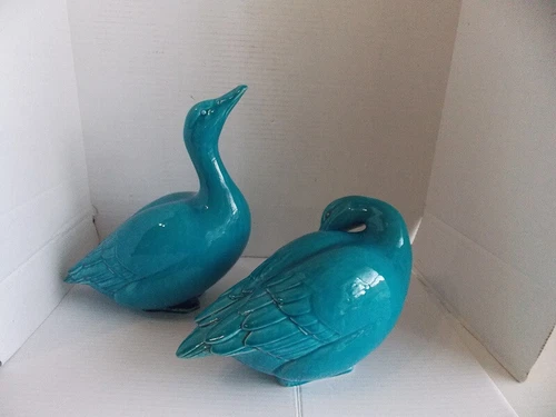 Vintage Chinese Turquoise Porcelain  Ducks 15" and 11.5" 5lbs + each exce - product listing photo
