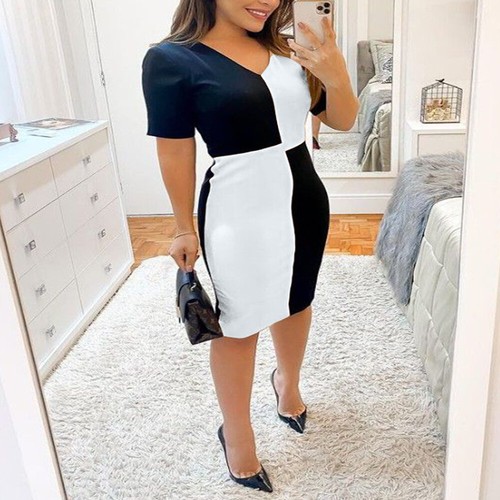 Women V Neck Colorblock Mini Dress Ladies Bodycon Cocktail Party Evening Gown US - Picture 9 of 14
