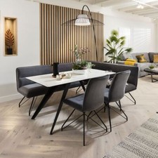 Corner Dining Bench Set Left-Hand White Ceramic Table 8 Seater Grey