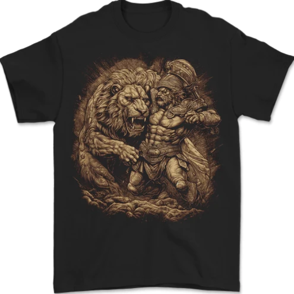 a Gladiator Fighting a Lion Warrior Gym MMA Mens T-Shirt 100% Cotton