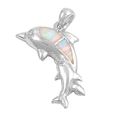 Double Jumping Dolphin Pendant White Simulated Opal .925 Sterling Silver Charm 