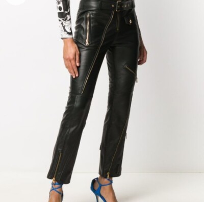 パンツ Versace Zipper Detailed Leather Pants VERSACE Runway Biker Zip Detail Lambskin Leather Pants IT46