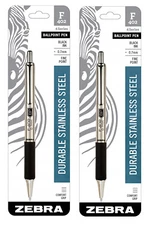 F-402 Ballpoint Stainless Steel Retractable Pen Fine Point 0.7mm Black Ink 2 pcs